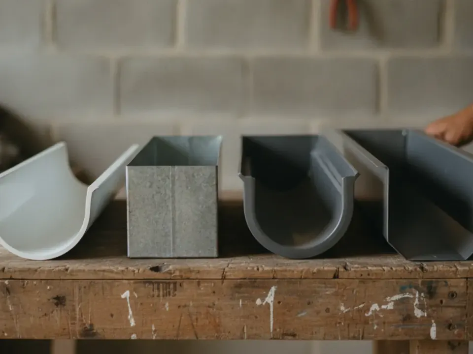 Cuatro perfiles de canoa vistos de frente sobre una mesa de taller: media caña de PVC, caja galvanizada, moldura esmaltada y alto caudal