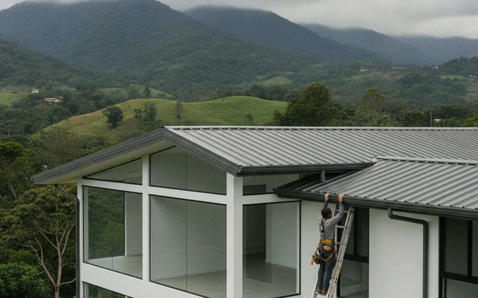 Hojalatero en una escalera fijando una canoa nueva de lámina gris en una casa moderna de Escazú, con los cerros detrás