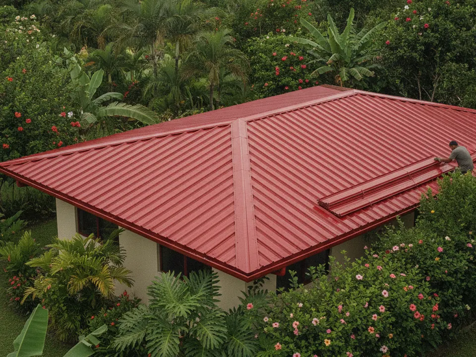 Techo nuevo de lámina esmaltada roja con su cumbrera, en una casa de un piso rodeada de jardín