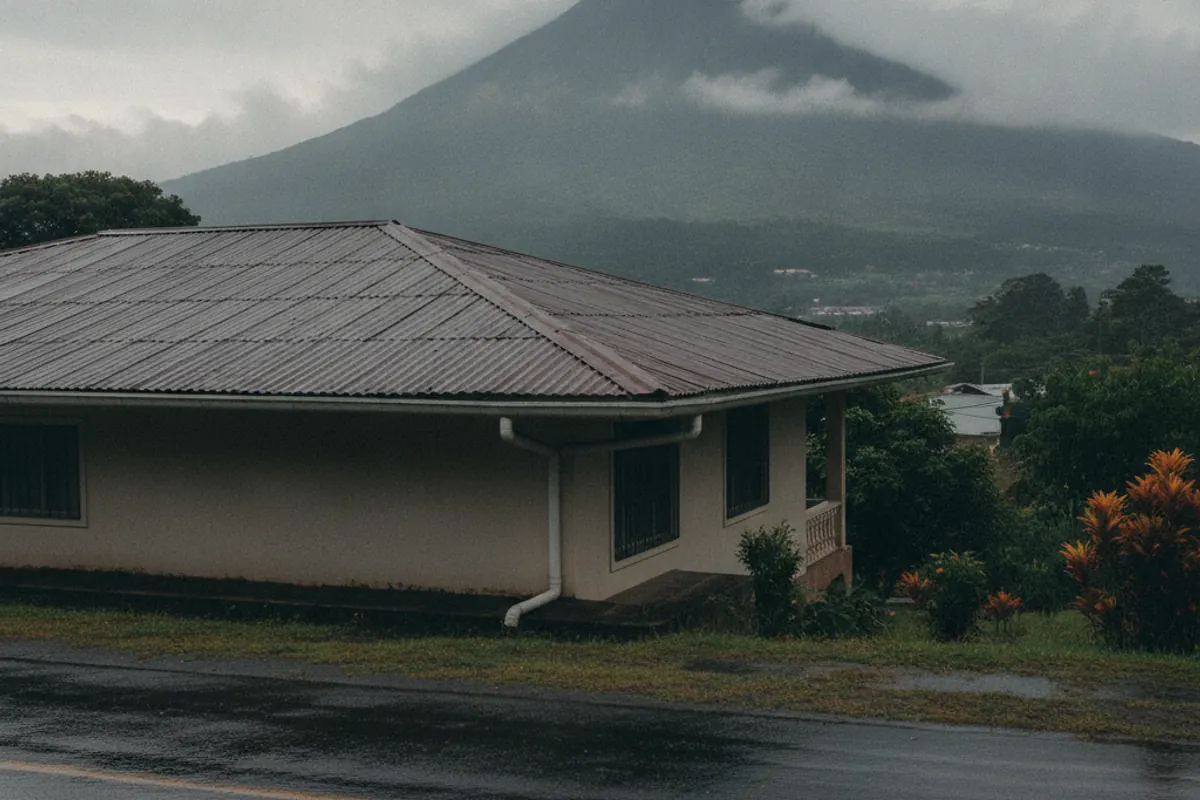 Casa de Cartago con techo de lámina y canoa galvanizada después de la lluvia, con las faldas del Irazú al fondo