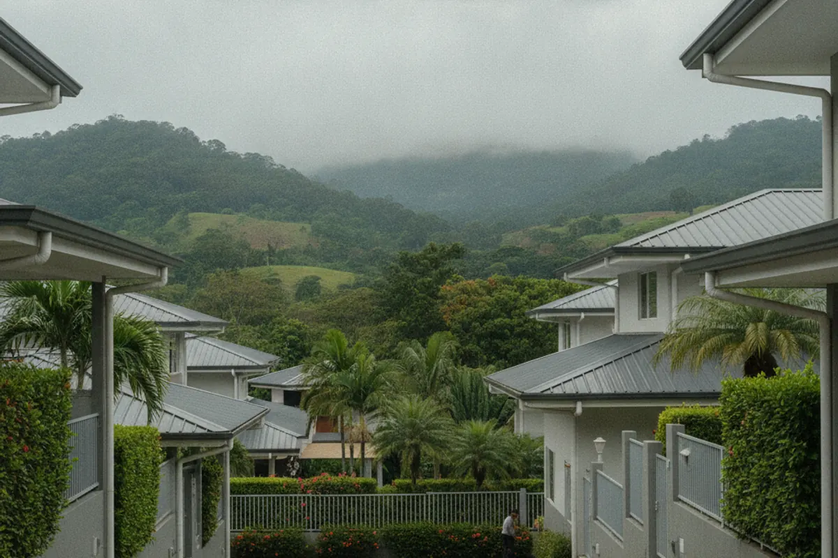 Calle residencial de Escazú o Santa Ana con casas de techo de lámina, canoas y bajantes, y los cerros de Escazú al fondo